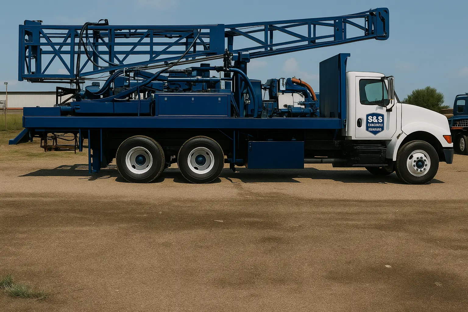 S&S Water Well Drilling company-owned blue drilling rig